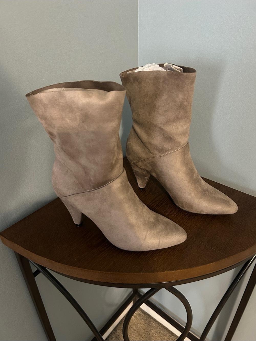 Shoe Dazzle Taupe Suede Mid-Calf Heel Boots